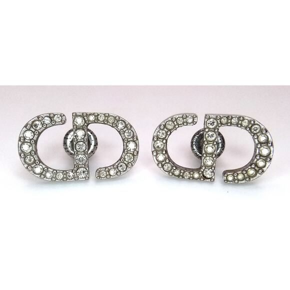 Dior Signed Silver Crystal Logo “CD” Stud Earrings - Picture 1 of 5